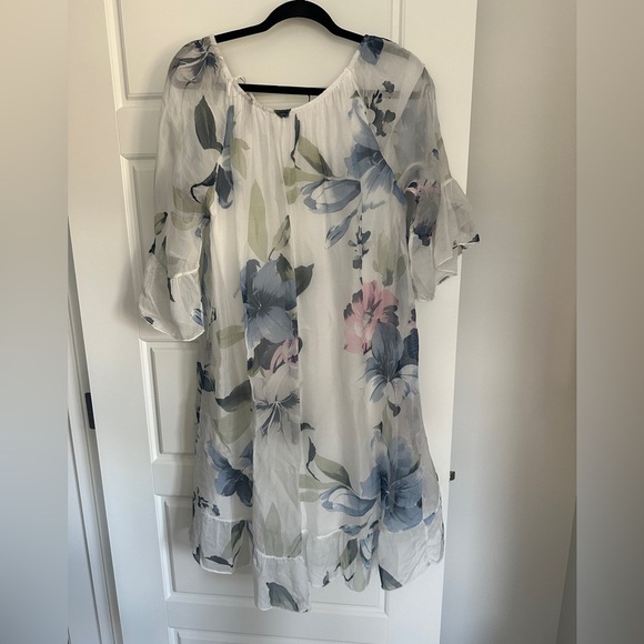 Floral Chiffon Silk Italian SummerDress - Blue and Pink - Picture 2 of 4